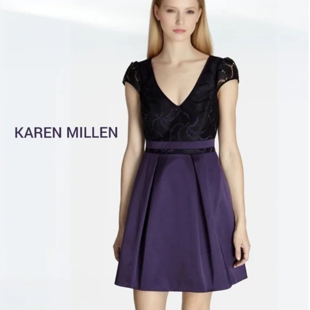 Karen Millen Purple Satin Lace Bodice V-Neck Cap Sleeve Fit & Flare Party Dress